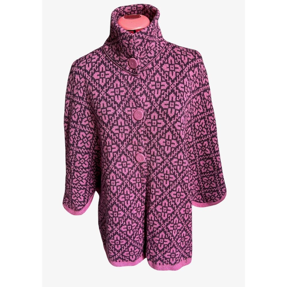 Andean 100% Alpaca Purple Retro Boho Convertible‎ Button Front Poncho Sweater